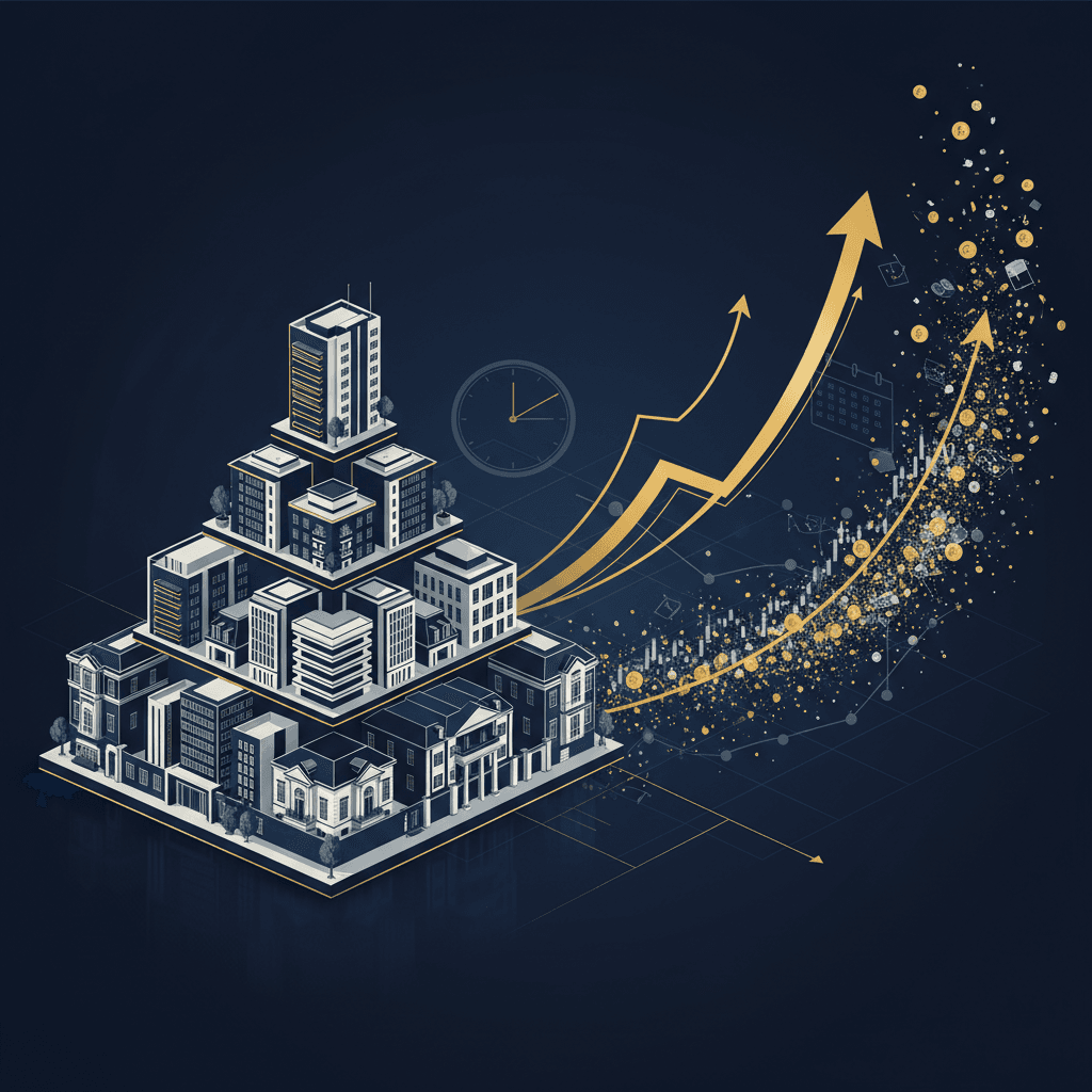 Visualizacao comparativa de crescimento patrimonial com imoveis e graficos de bolsa de valores em tons azul-marinho