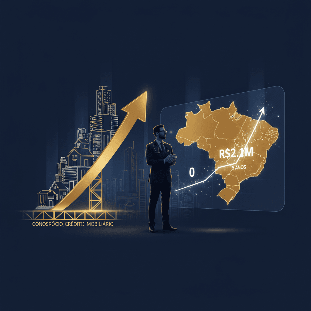 Portfólio imobiliário em crescimento exponencial com prédios modernos e gráfico ascendente em azul-marinho
