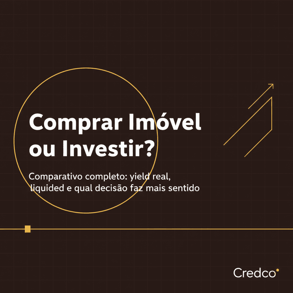 Ilustração editorial comparando compra de imóvel versus investimento financeiro com balança e gráficos em âmbar escuro