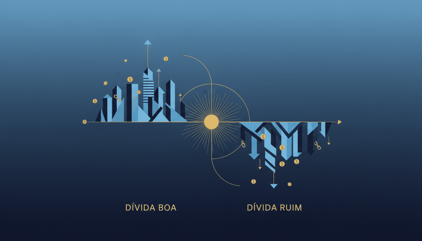 Balança comparando dívida boa (imóvel, patrimônio) e dívida ruim (cartão de crédito, consumo)