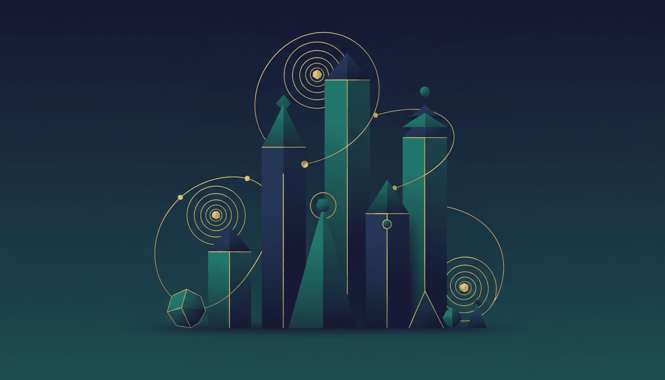 Ilustração editorial dos cinco pilares da gestão de patrimônio para médicos com colunas geométricas ascendentes em azul e verde esmeralda