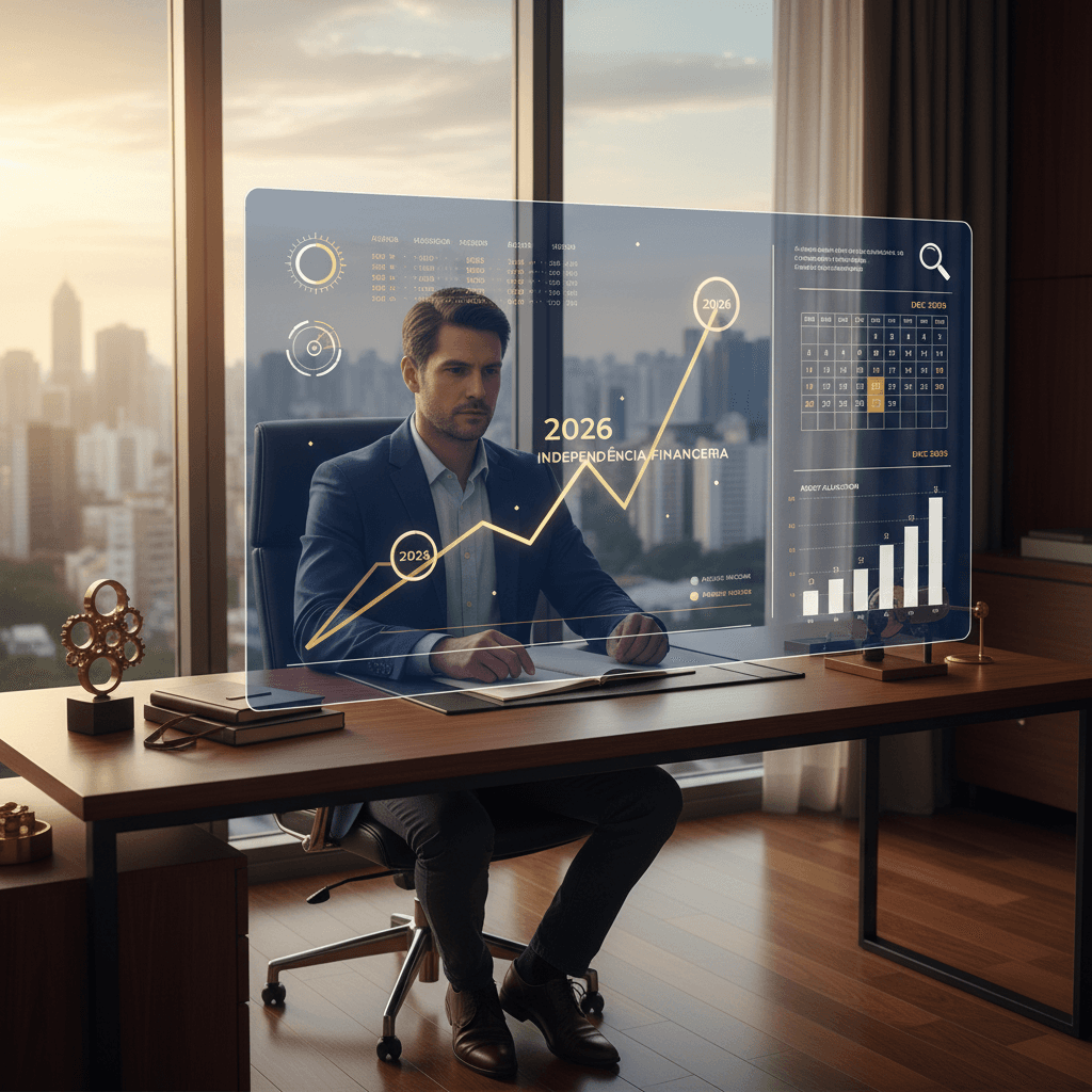 Profissional liberal calculando número FI com gráfico de crescimento patrimonial e calendário de independência financeira