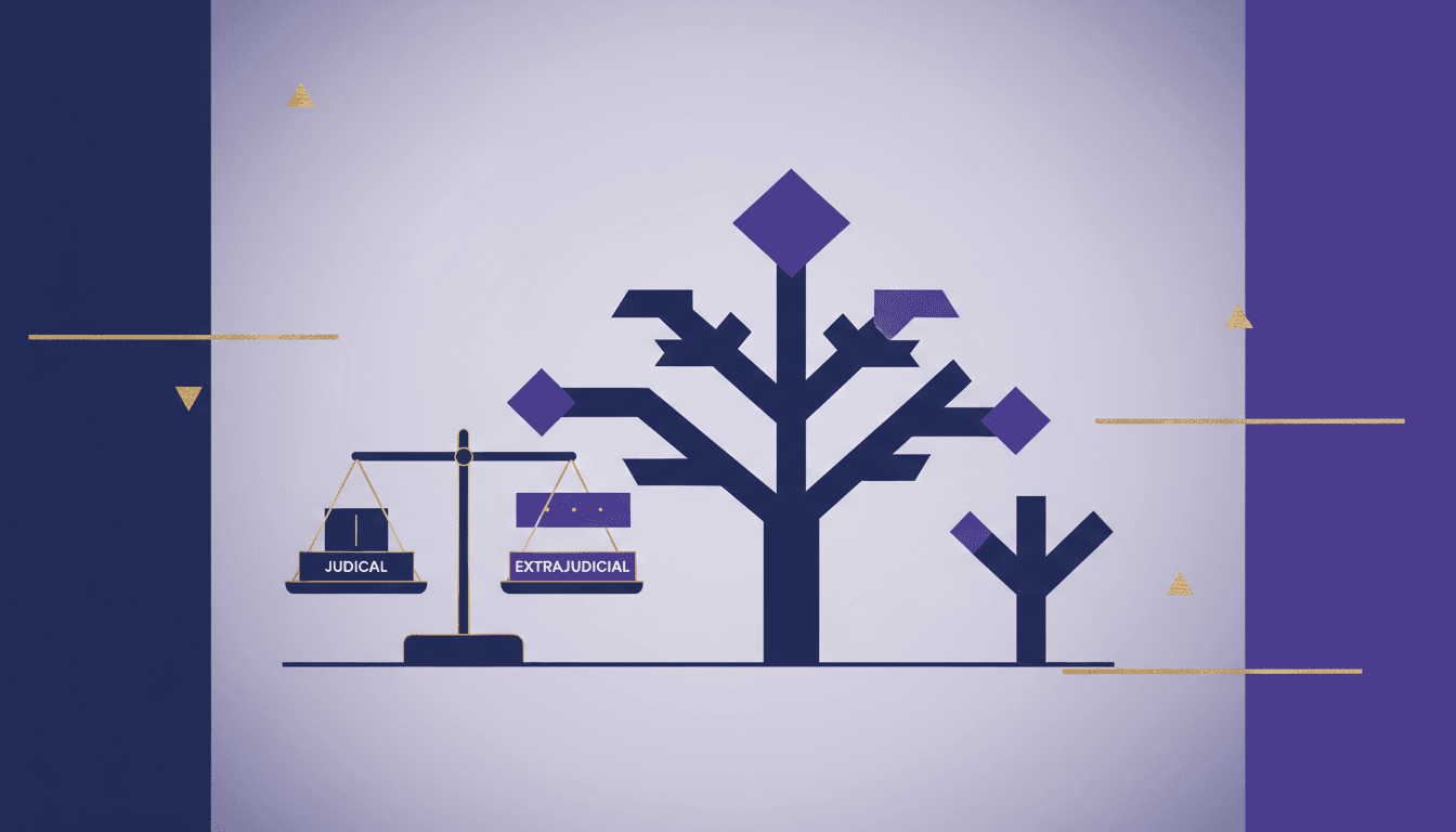 Ilustração editorial comparando inventário judicial e extrajudicial com escalas de equilíbrio e formas geométricas em azul e roxo