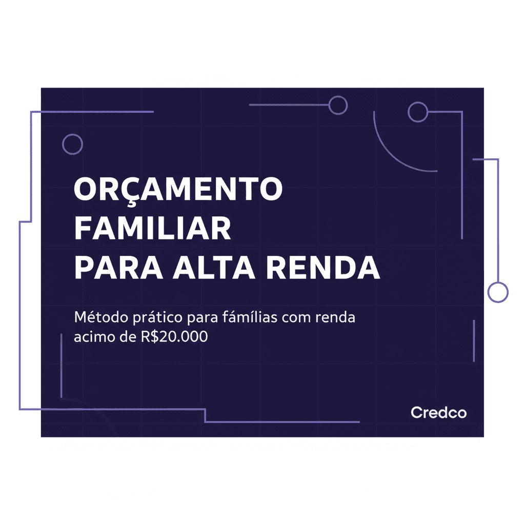 Ilustração editorial de orçamento familiar para alta renda com elementos geométricos e ícones financeiros em azul-violeta escuro