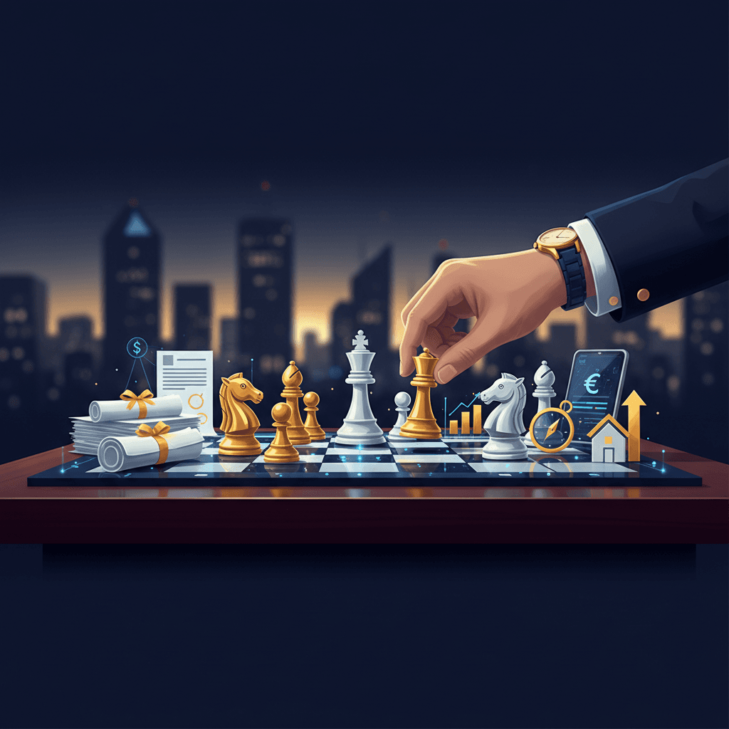 Balança financeira com imóvel e investimentos representando decisão de amortização antecipada em azul-marinho