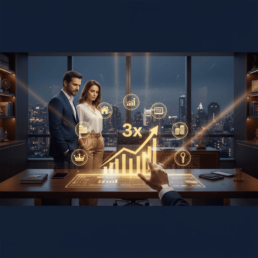 Graficos de crescimento financeiro e visualizacao de dados em ambiente profissional representando fontes de renda passiva