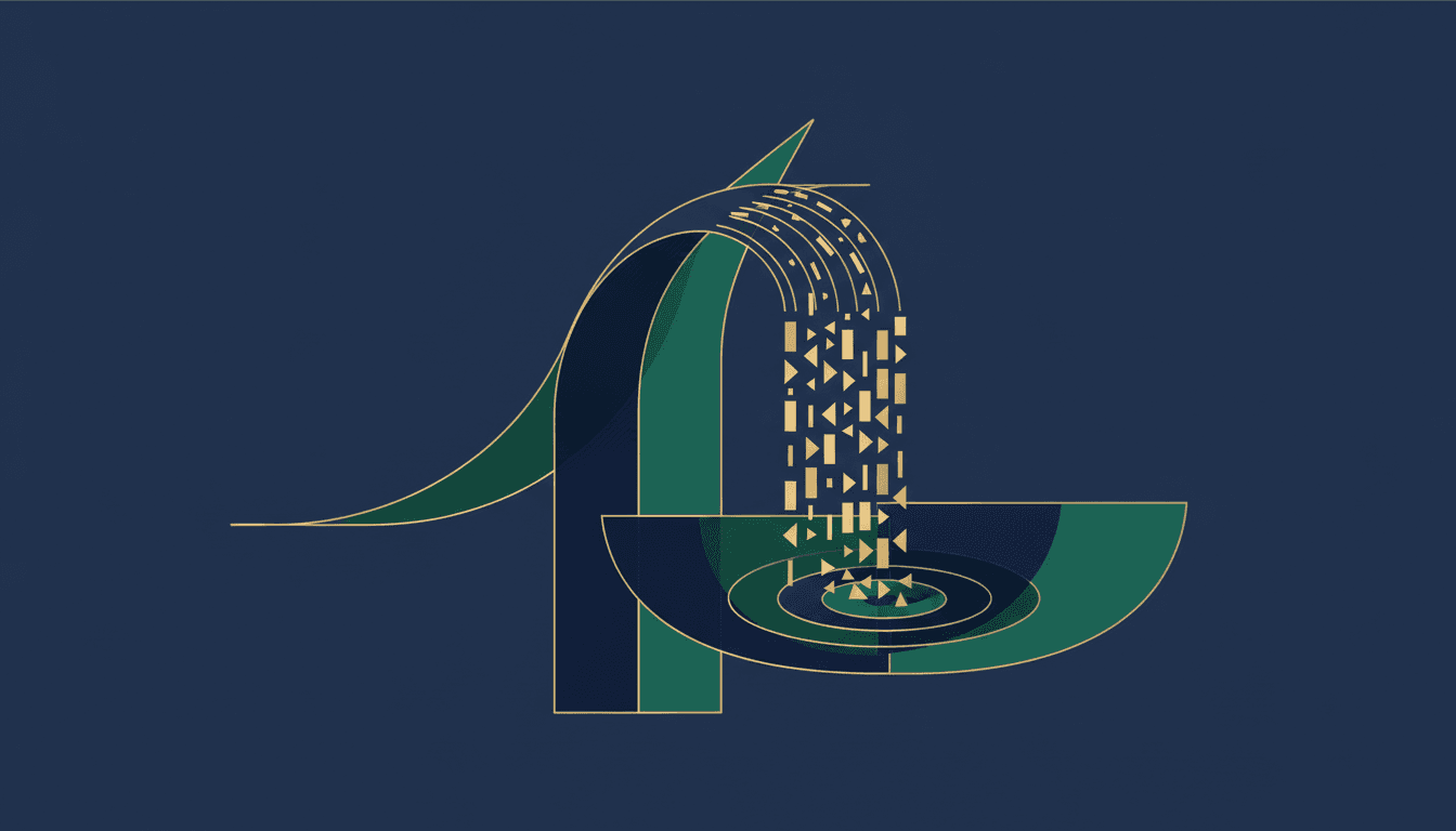 Ilustração editorial sobre carteira de dividendos e renda passiva com fluxos geométricos em azul-marinho e verde esmeralda